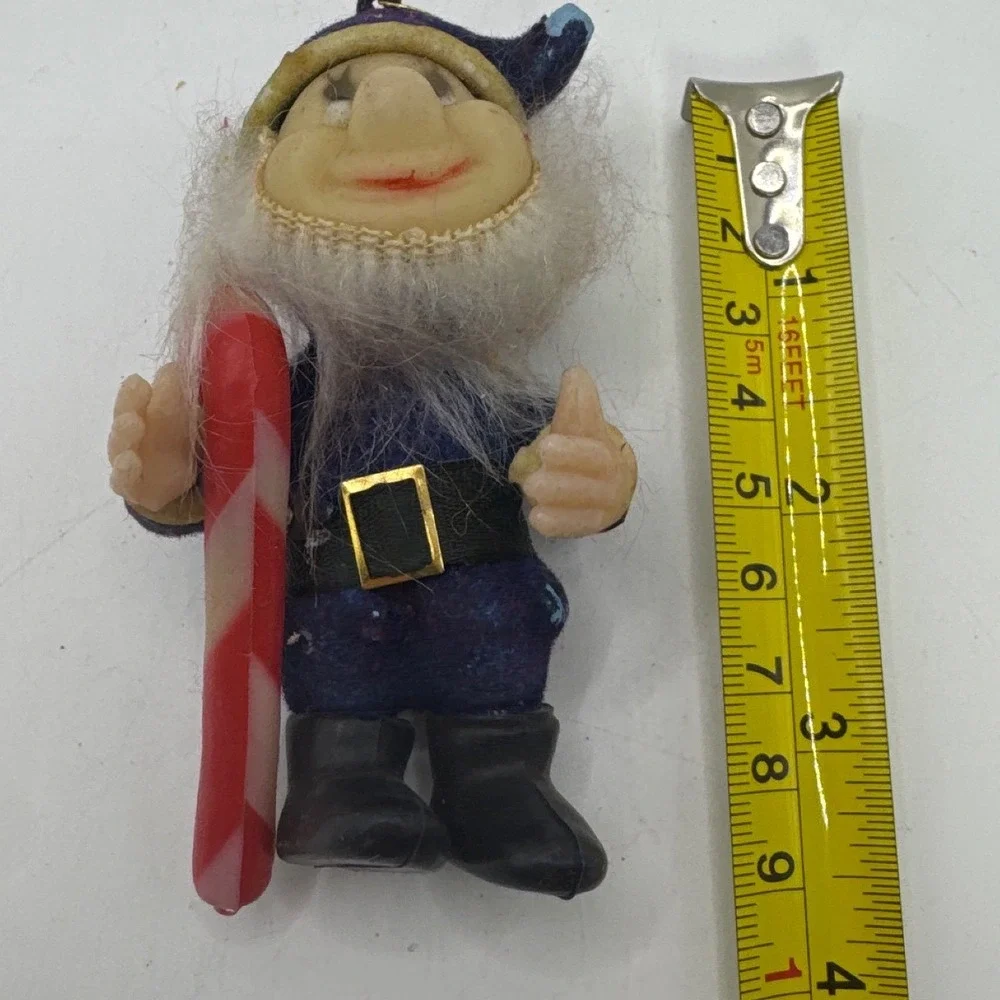 Vintage Christmas Elf Ornament Blue Felt Candy Cane Hong Kong Mid Century 4 Inch